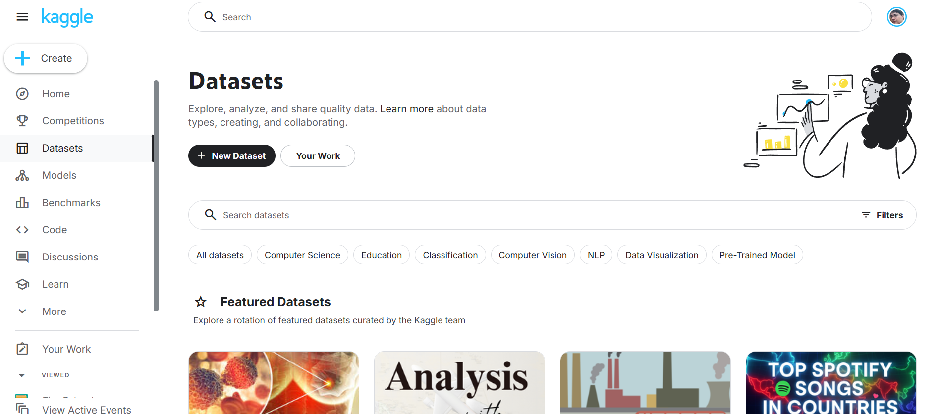 Список наборов данных Kaggle на их веб-сайте.