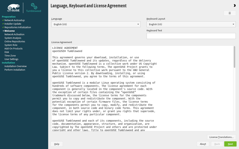 Тест клавиатуры и лицензия в диалоге установки openSUSE.