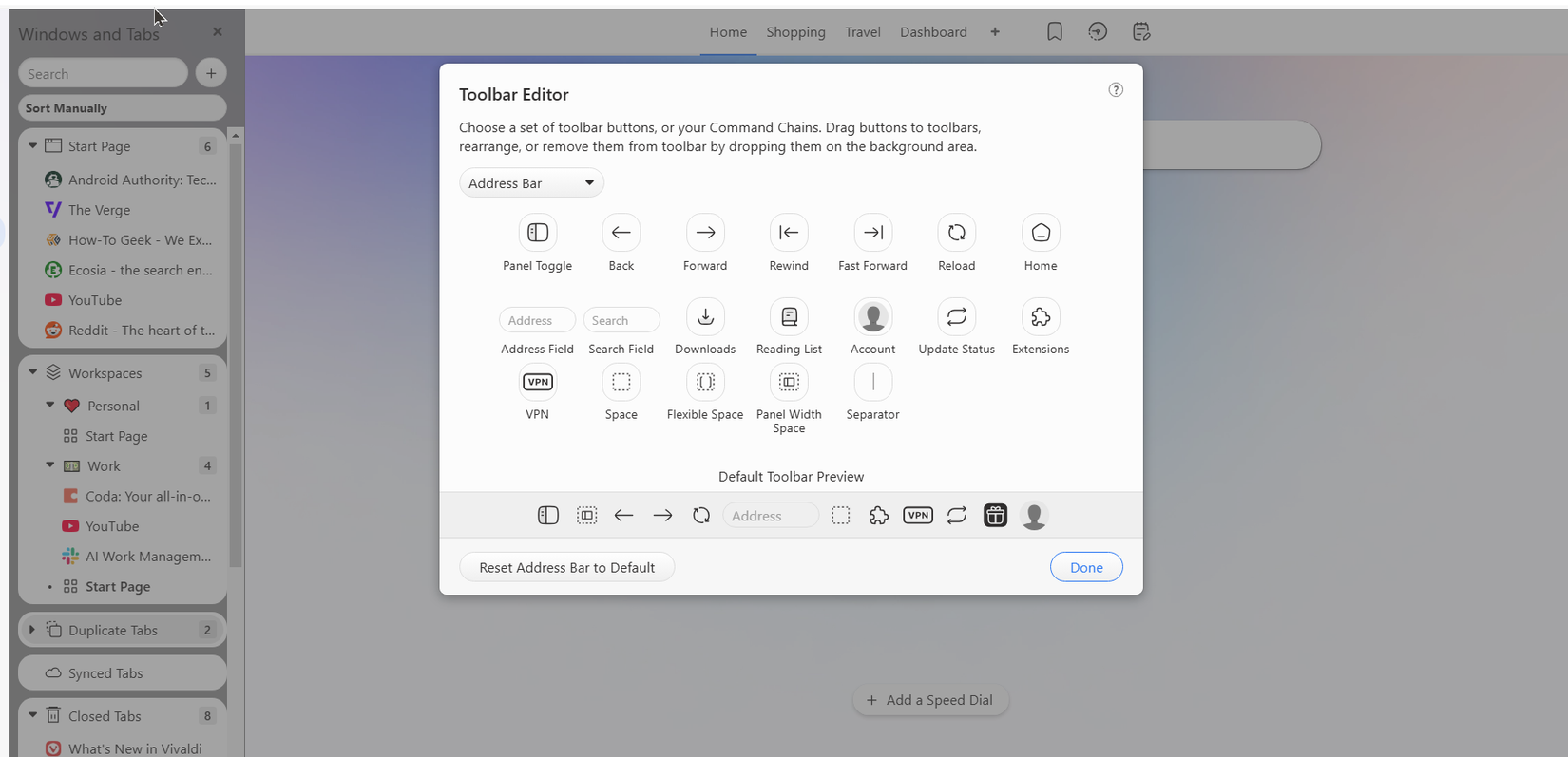 Customizing the Vivaldi toolbar.