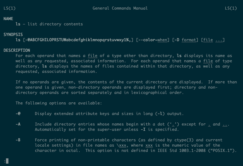 Un terminal montrant la page Man pour la commande LS, en utilisant le Pager moins.