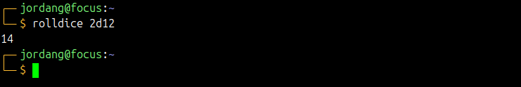 Linux terminal showing the output of a rolldice 2d12 command.