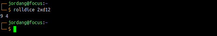 Linux terminal showing the output of a rolldice 2xd12 command.