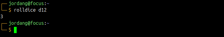 Linux terminal showing the output of a rolldice d12 command.