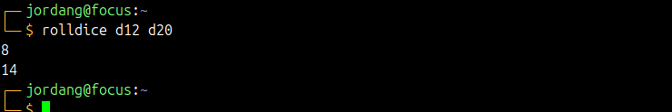 Linux terminal showing the output of a rolldice d12 d20 command.