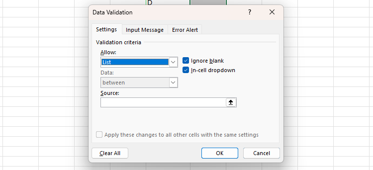 List is selected in the Allow field of Excel's Data Validation dialog box.