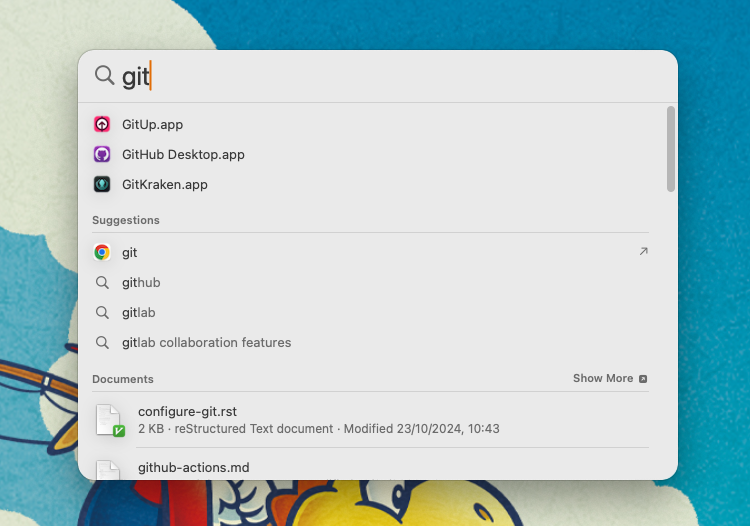 A Mac Spotlight search for "git" shows three apps, suggestions for further searches, and two documents.