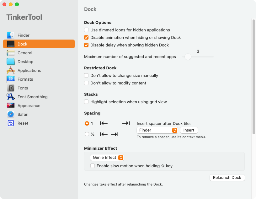 The TinkerTool page showing Dock settings which include options to disabled animations, fix the Dock size and contents, and change the minimizer effect.