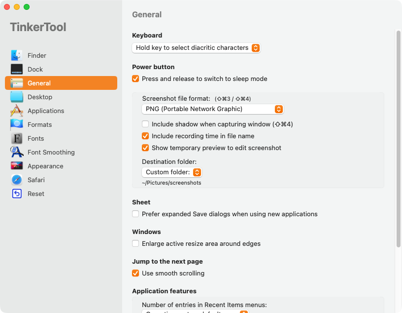 Tinkertool’s general section which includes settings for power button behavior and window resize area.