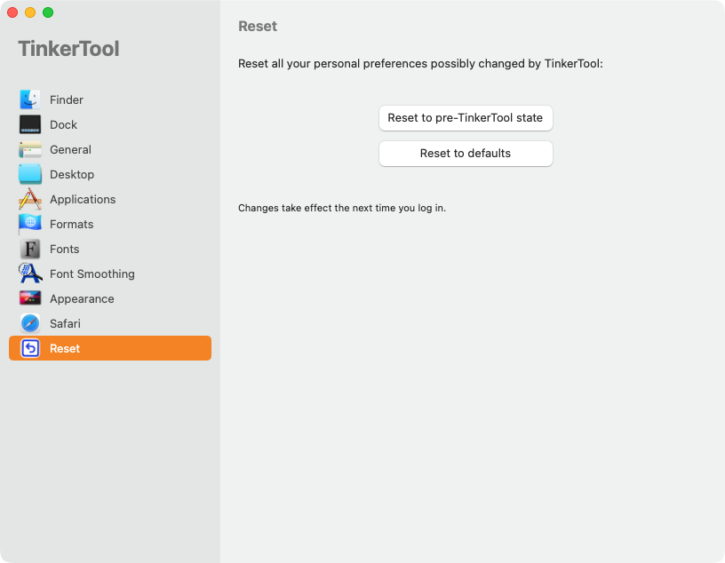 TinkerTool's reset page lets you reset the app's settings and all non-default changes. 