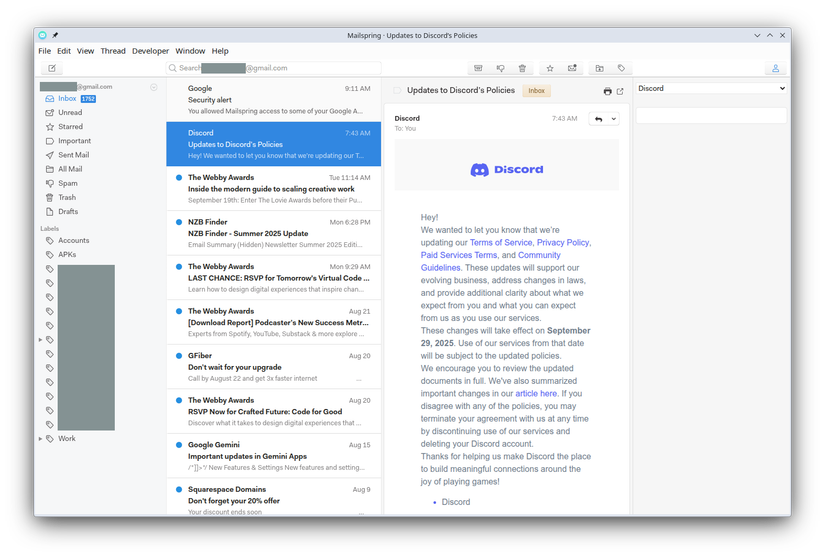 Mailspring app with emails and a reading pane view.
