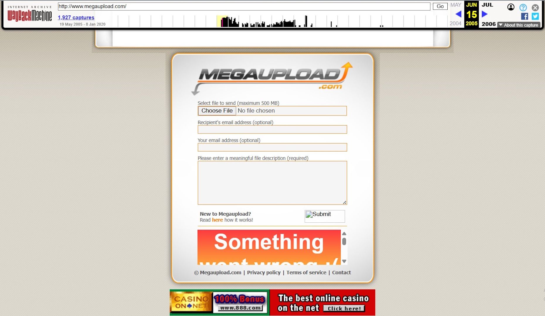 Image shows the main megaupload page on the Internet archive