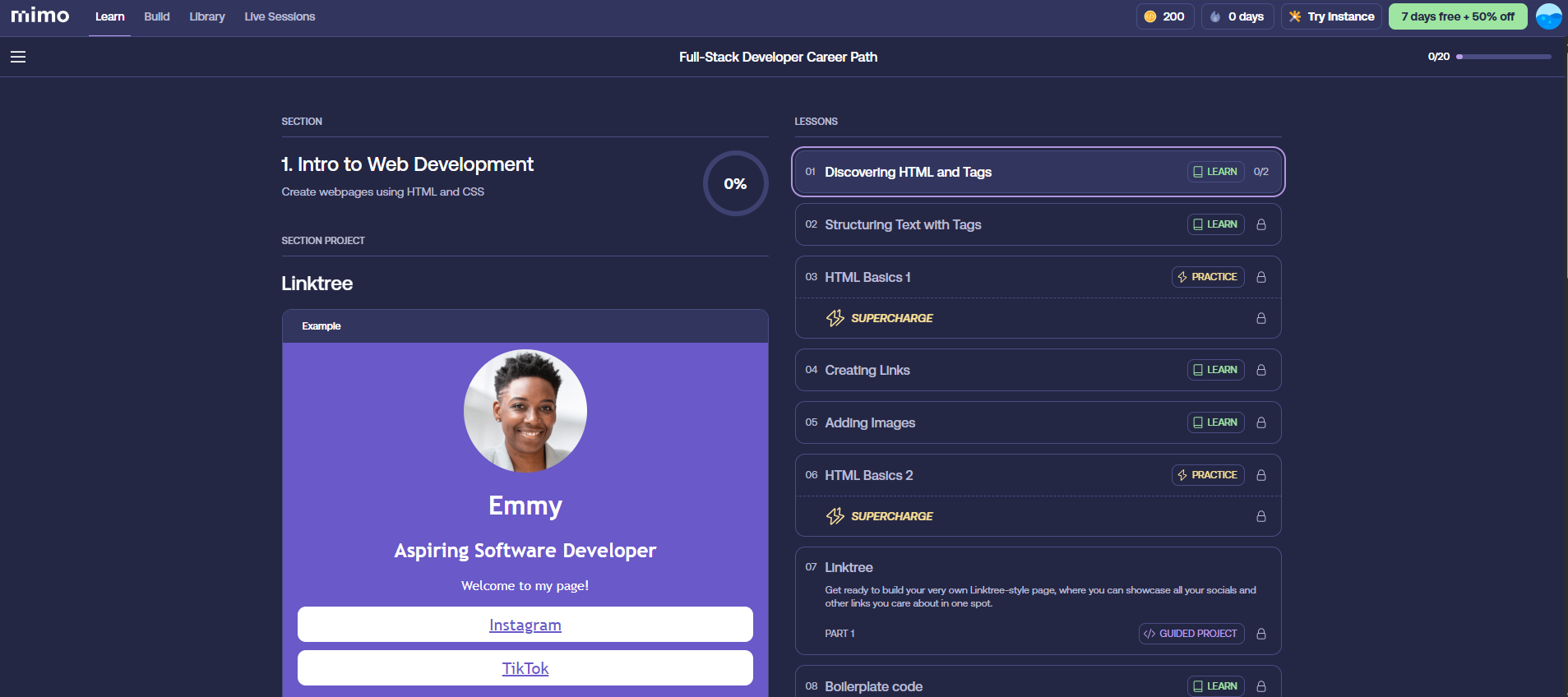 A screenshot of gamified code learning app, Mimo's home screen.