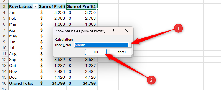 Month is selected in the Show Values As dialog box in Excel.