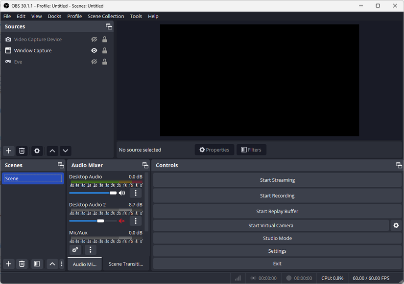 Open Broadcast Software running on Windows 11.
