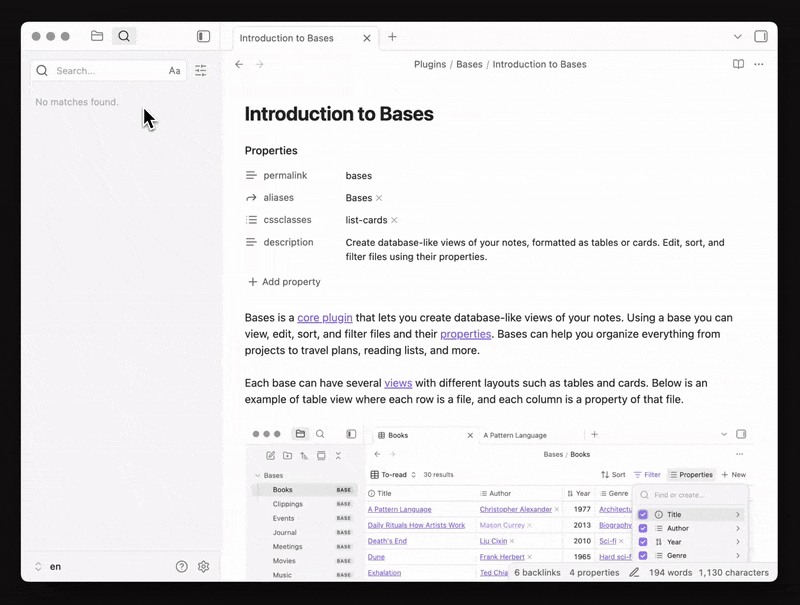Obsidian showing fast search results as a person types.