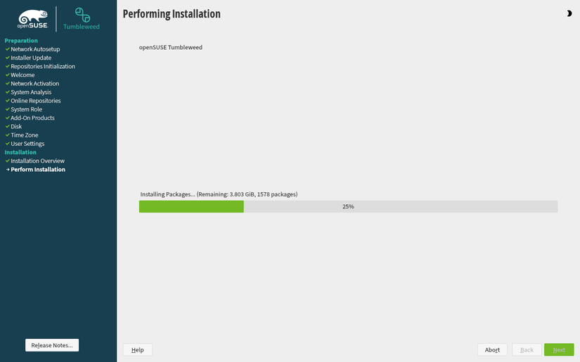 Диалог установки openSUSE с полосой выполнения.