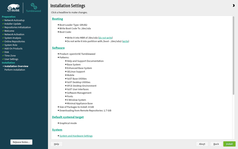 Диалог установки openSUSE с проверкой всех выбранных опций.