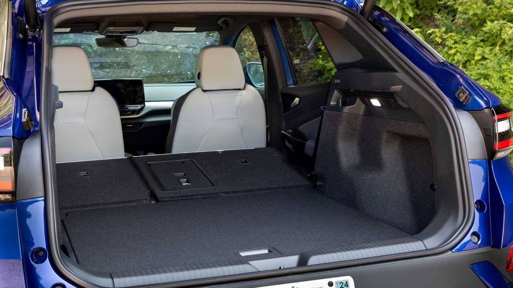 Shot inside the trunk of a 2021 Volkswagen ID.4 with the rear seats folded flat.