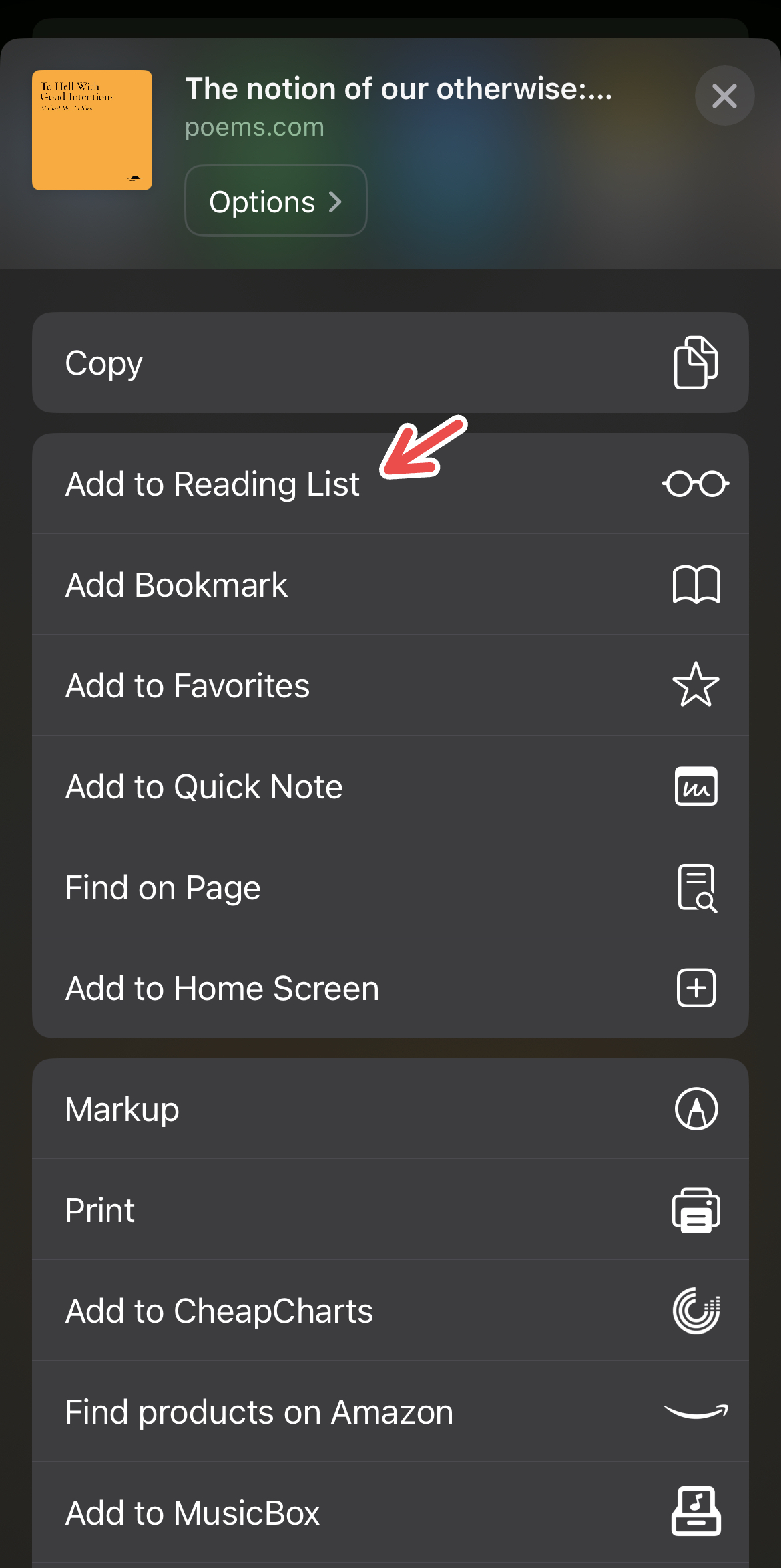 Saving an item to Safari's Reading List.