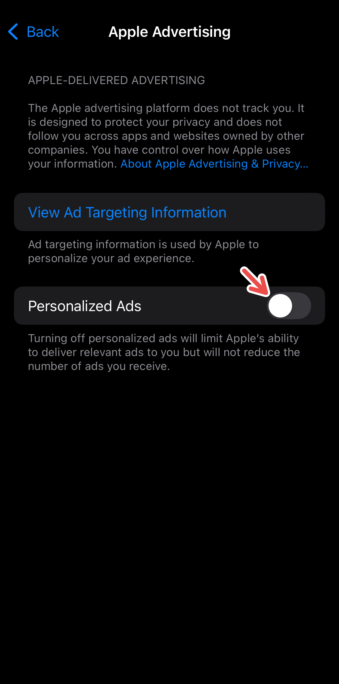 Отключение персонализированной рекламы в настройках Apple Advertising.