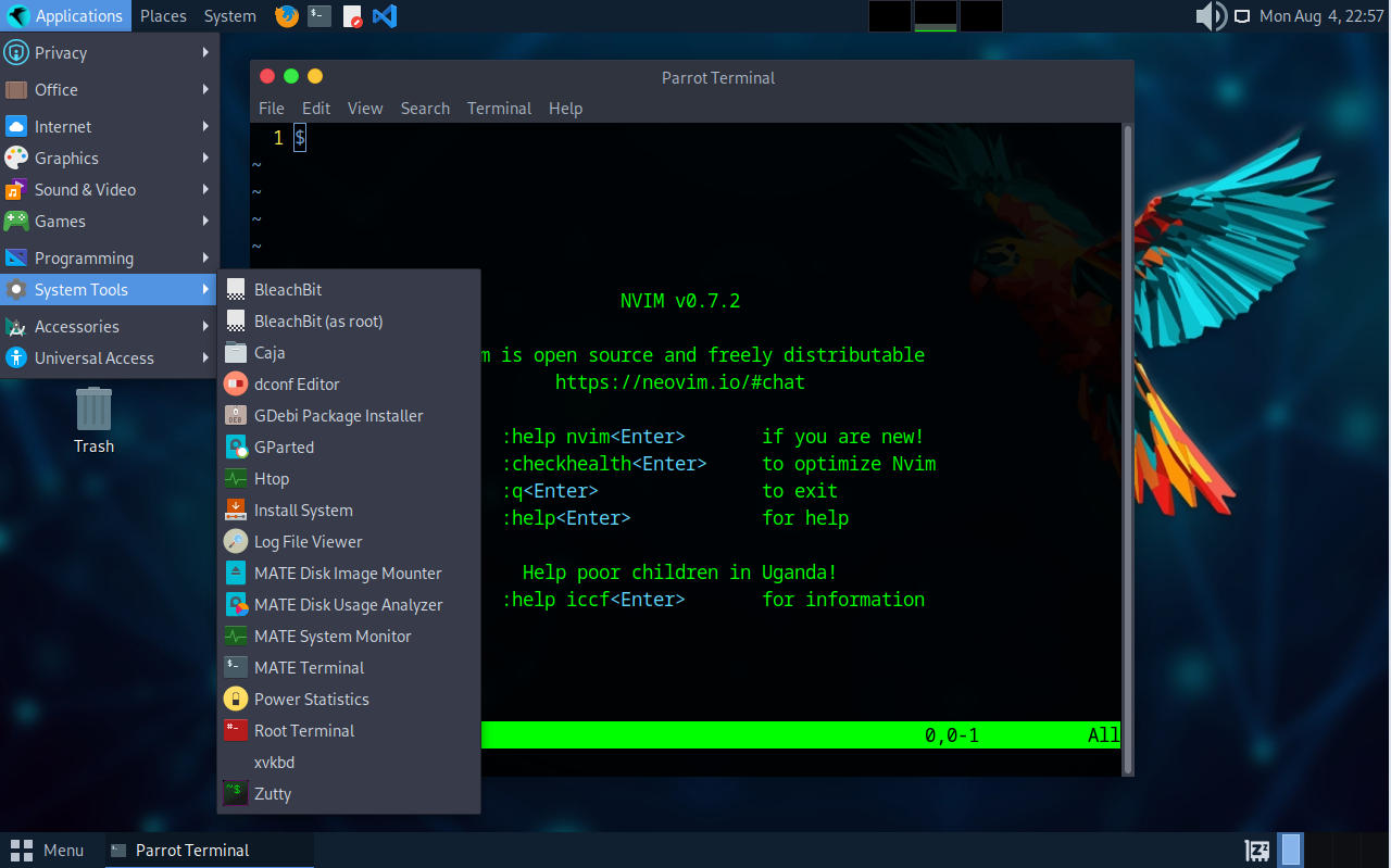 Parrot security Linux distribution version 6.4 with the MATE desktop.
