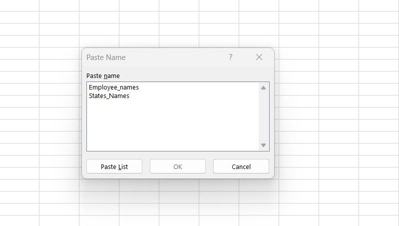 Name paste dialog box