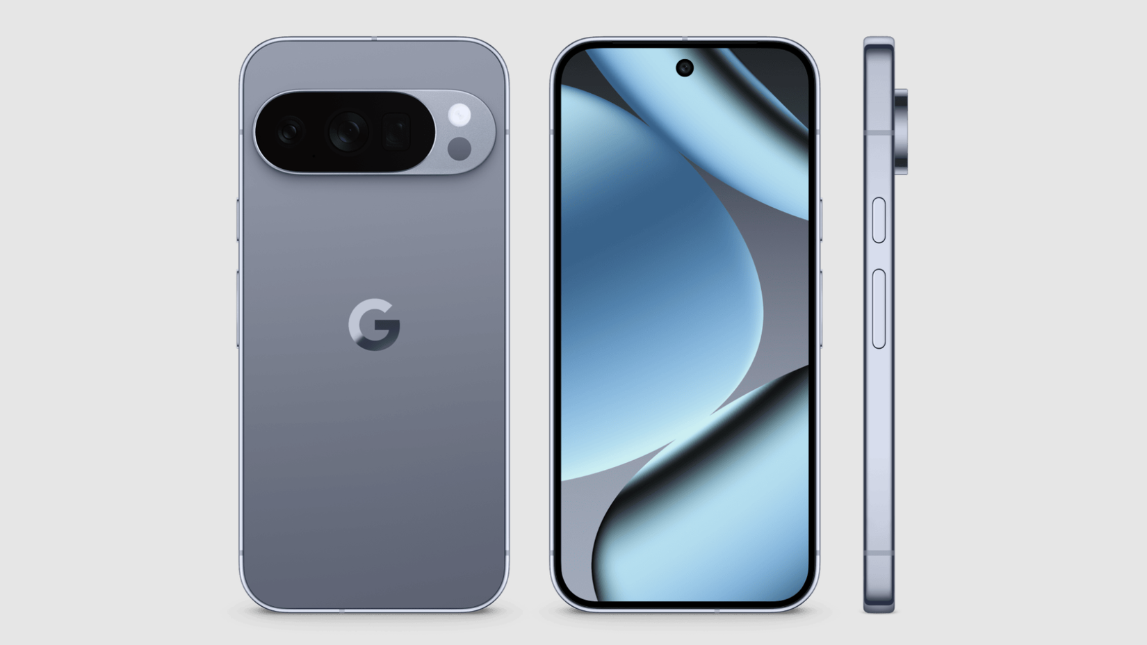 Picture of the Pixel 10 Pro, showcasing its back, front, and side profile over plain background.