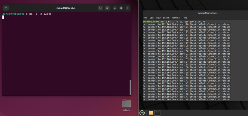 Port scanning using the nc command.