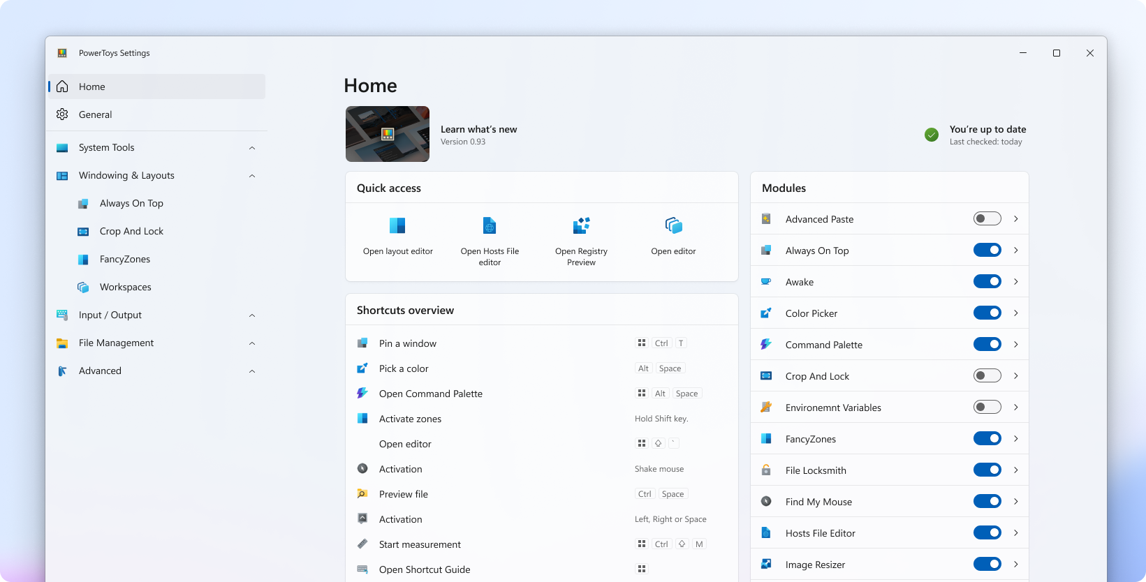 Powertoys home menu showing what's on and off, as well as some shortcuts
