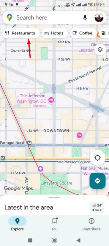 Resturants button in Google Maps.
