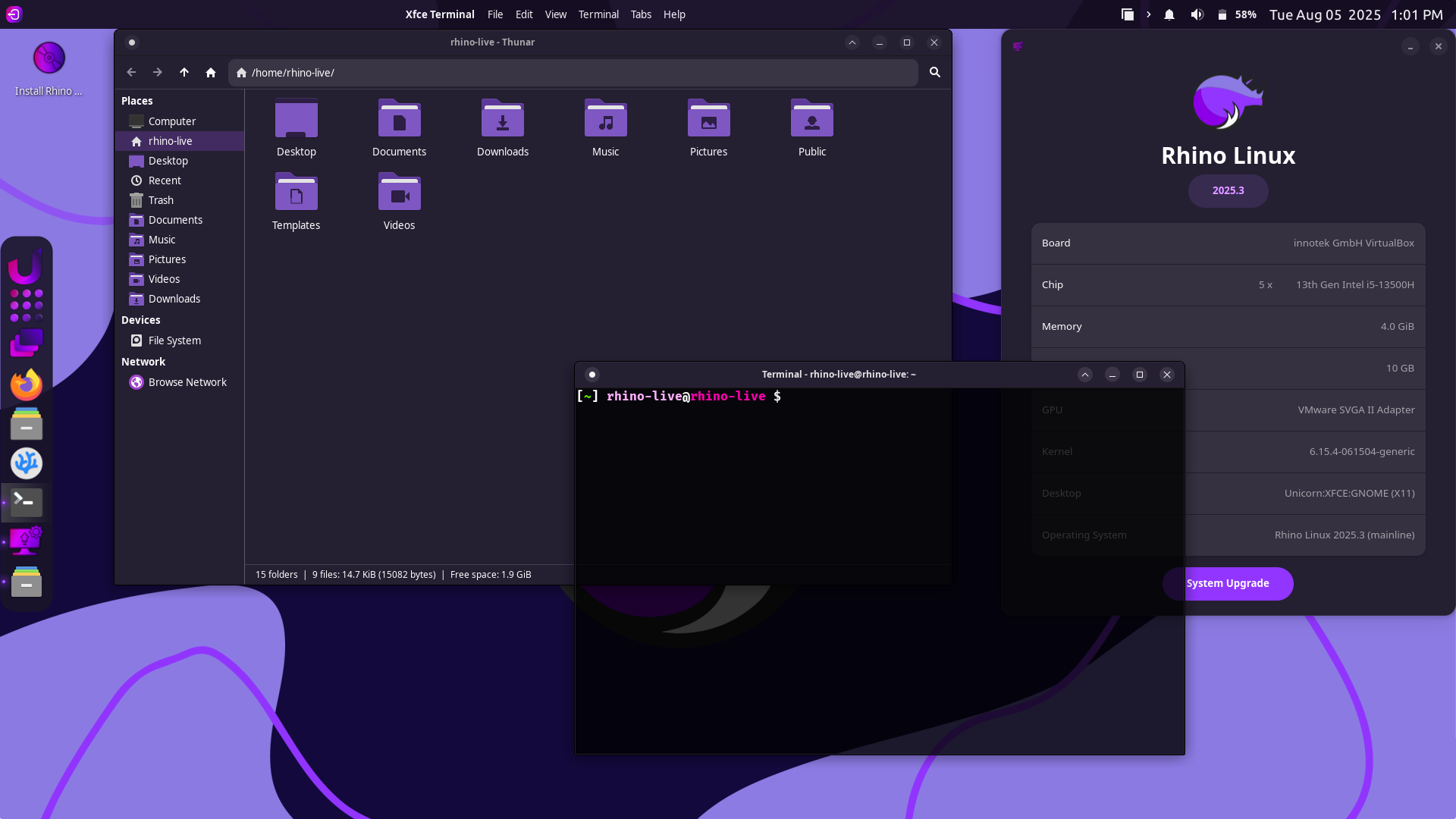 Rhino Linux 2025.3 with a file browser, terminal, and info dialog open.