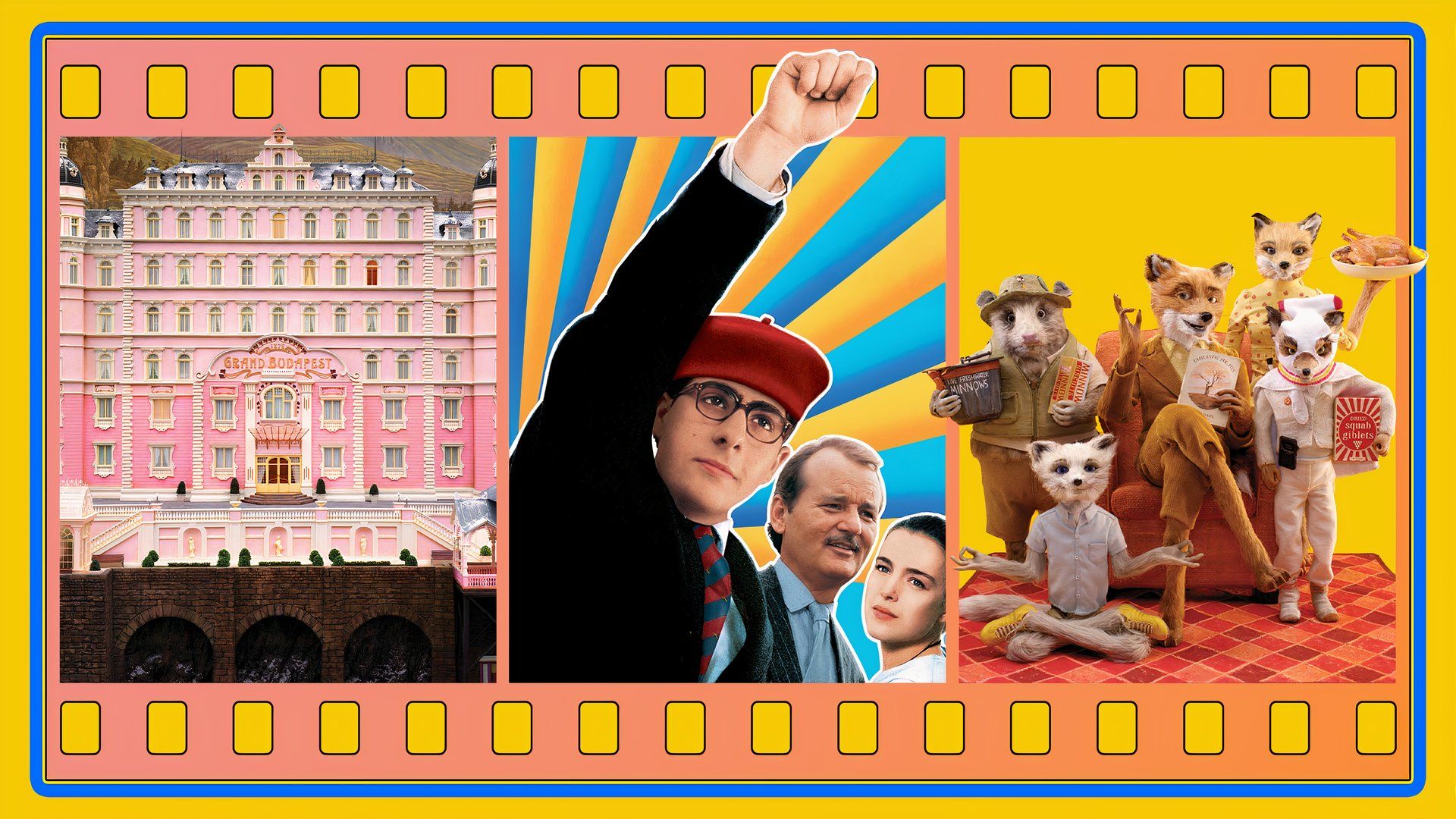 Wes Anderson Films Scenes - The Pink Hotel du Grand Budapest Hotel, the main character of Rushmore and the Fox family by Fantastic Mr. Fox, all in a colored cinema strip.