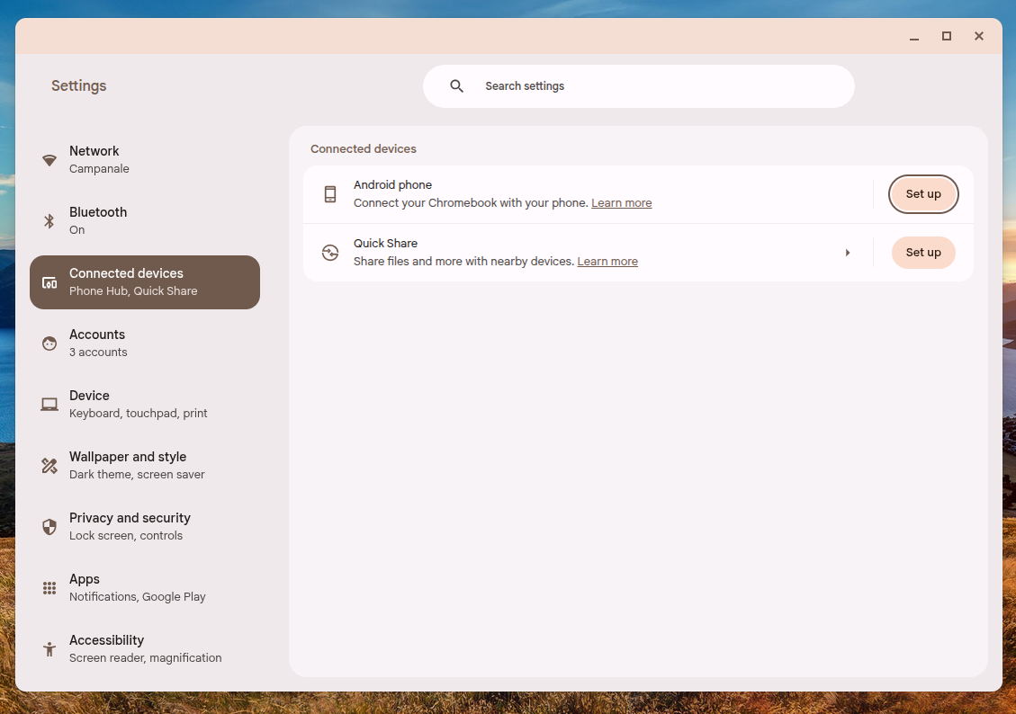 The Chromeos setting panel displaying the phone's HUB configuration button with an Android phone.