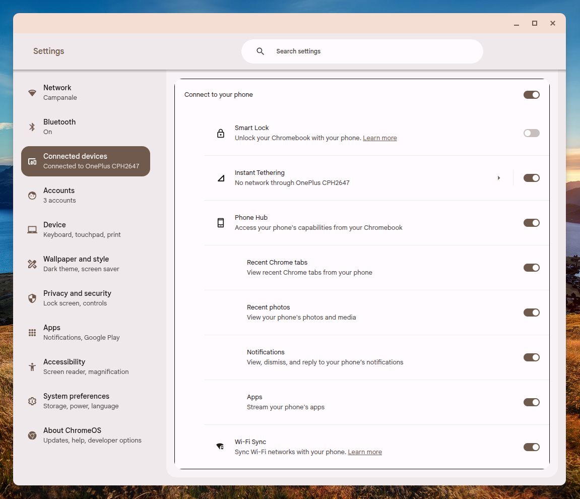 Chromeos Phone Hub screen showing which features are available for the OnePlus 13R.