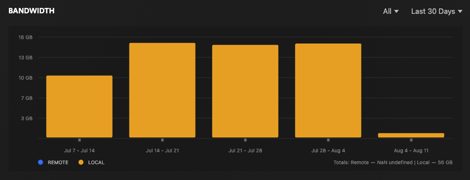 The Plex dashboard showing the last year of bandwidth usage.