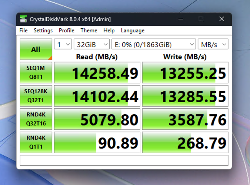 The CrystalDiskMark speed test of the Crucial T710 NVMe SSD showing 14.26GB/s read and 13.26GB/s write speeds.