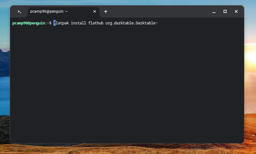 The Linux terminal on ChromeOS with the command to install darktable via flatpak.