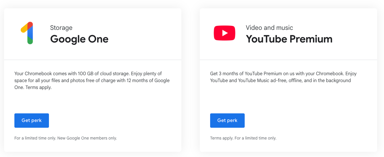 Chromebook perks for YouTube and Google One.