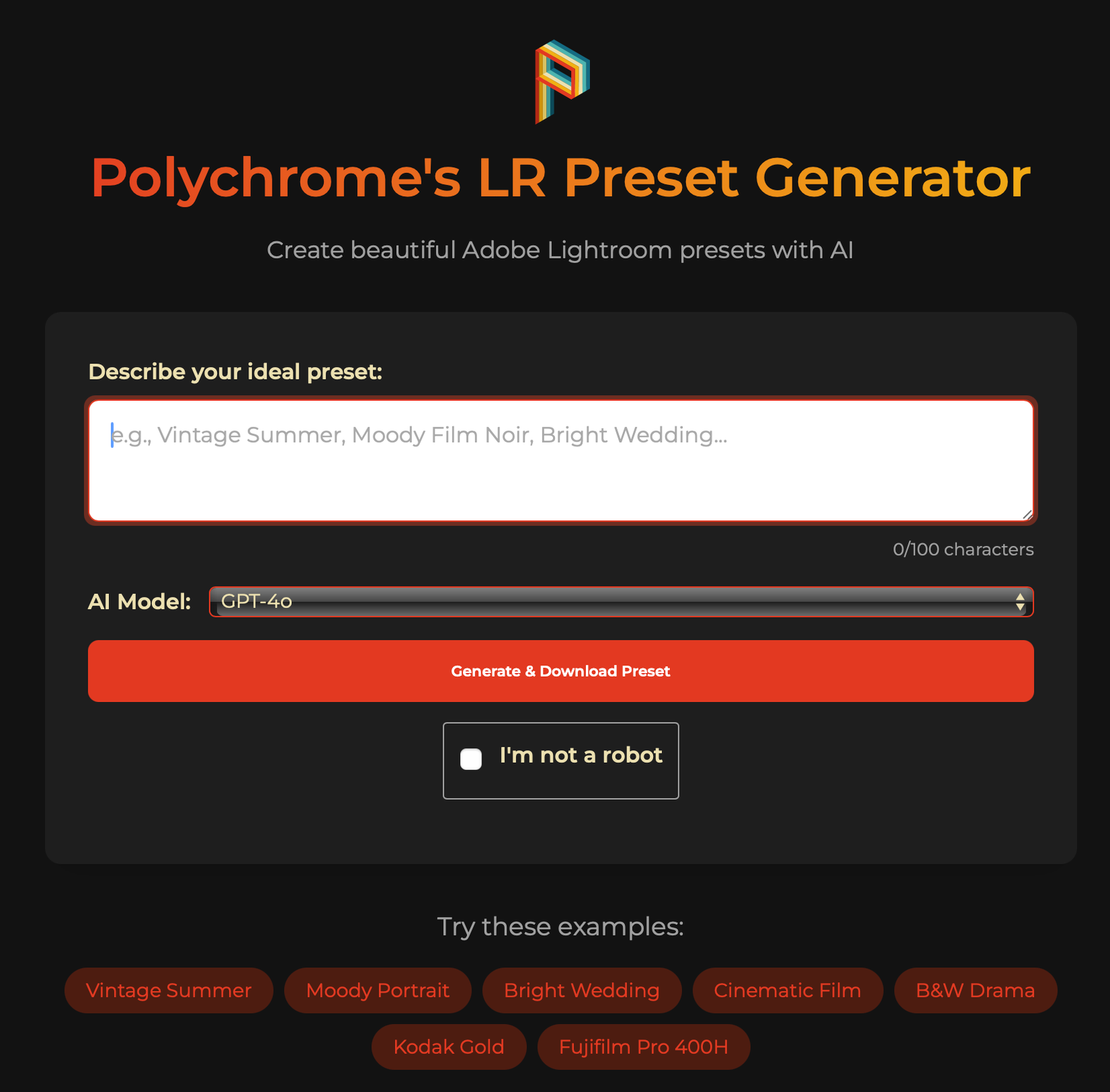 Felix's Lightroom preset generator that's powered by ChatGPT.