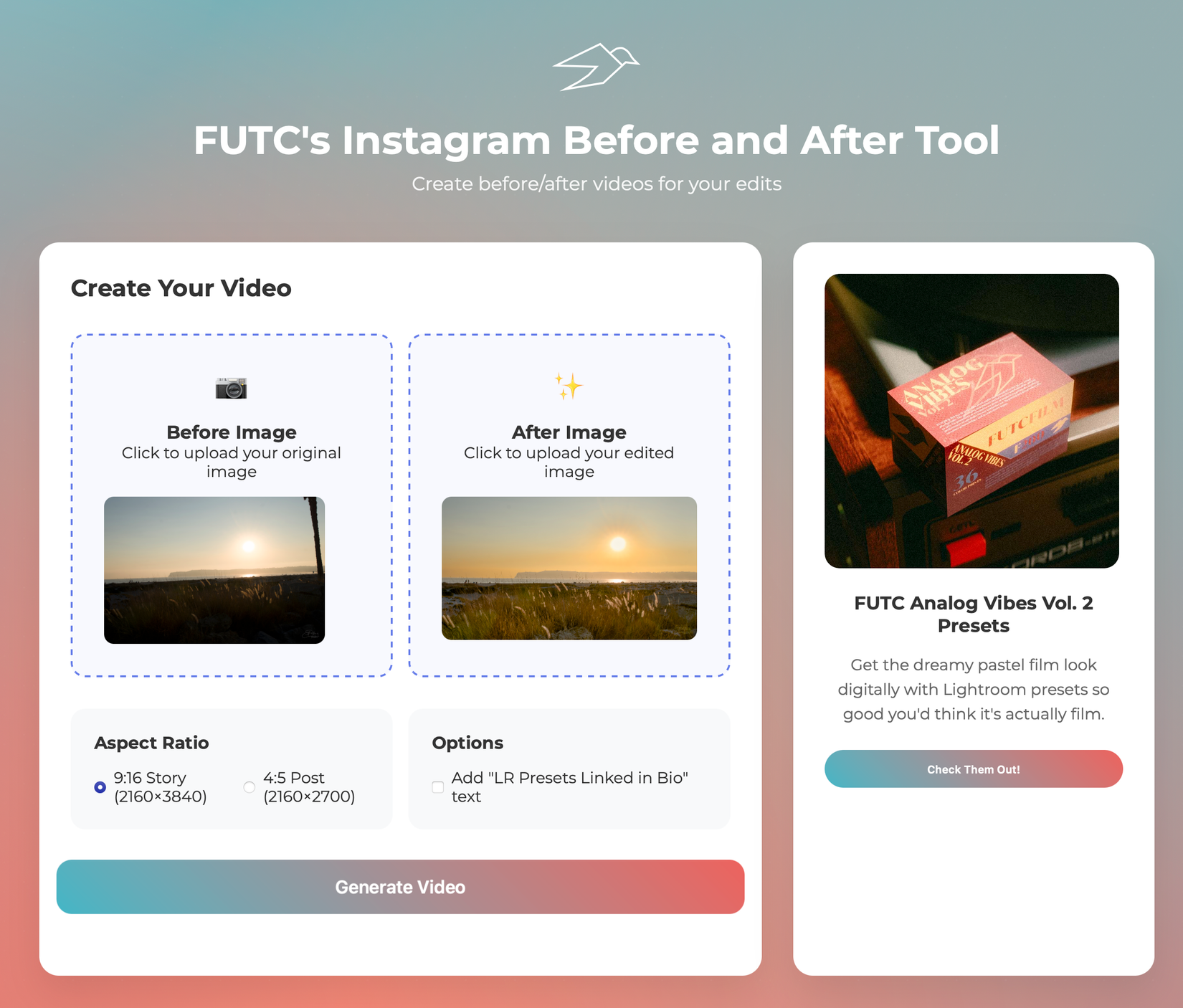 A before and after Instagram video generation tool for photos.