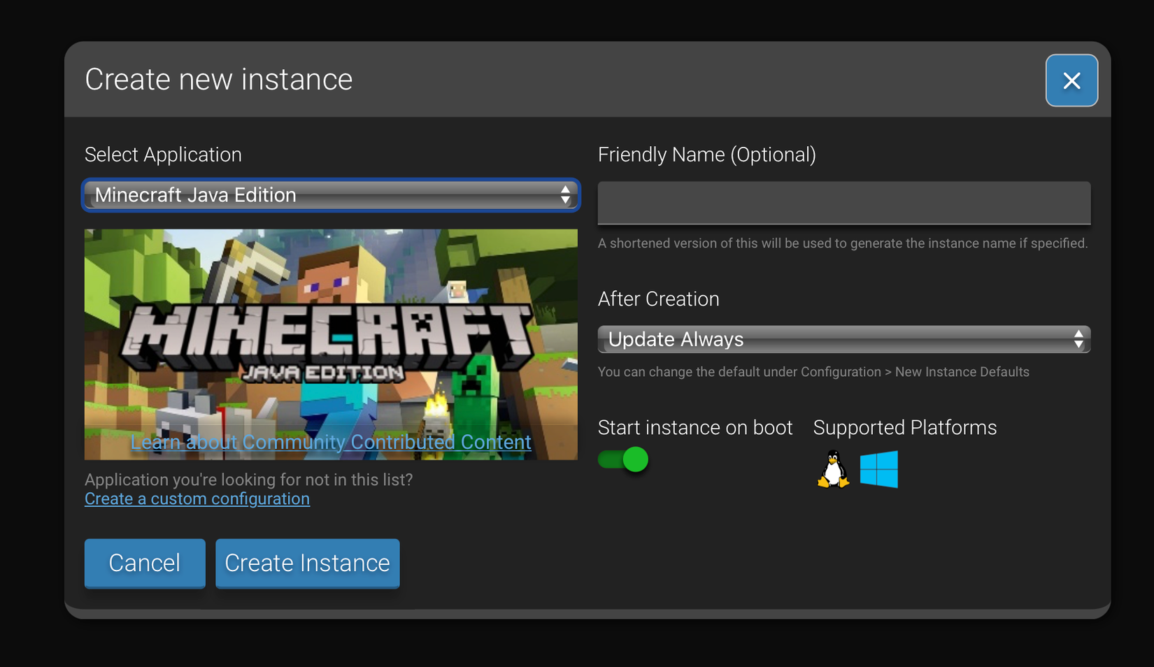Интерфейс создания Minecraft-сервера в CubeCoders AMP.