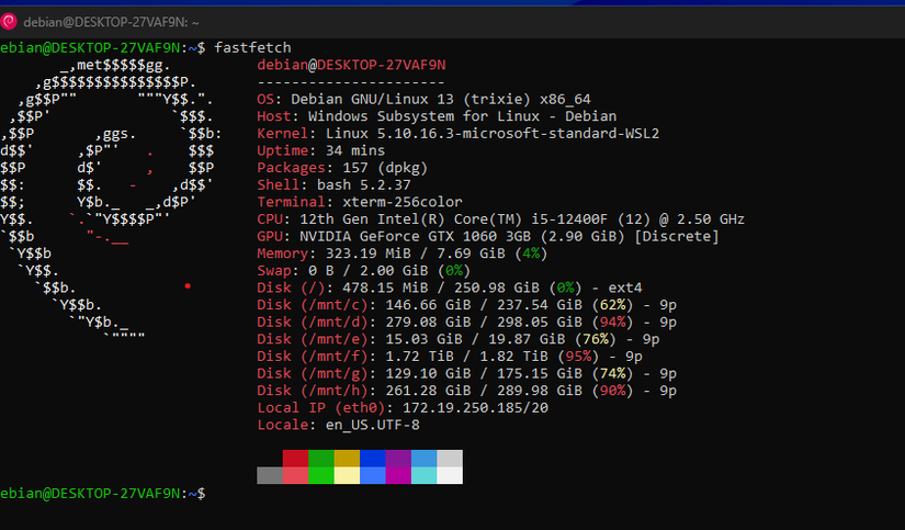 Running Fastfetch on Debian WSL.