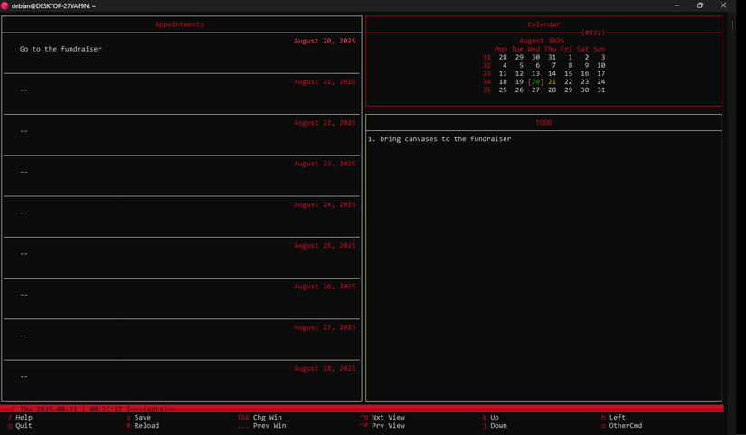Using Calcurse to set agendas and reminders.