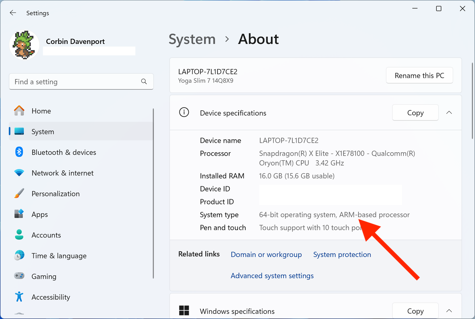 Etiqueta de procesador basada en ARM en la configuración de Windows