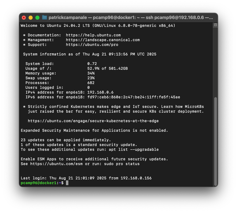 A macOS terminal window SSH'd into an Ubuntu 24.04 server session.