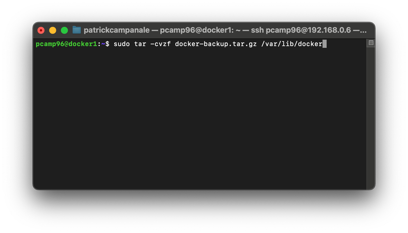 A macOS terminal SSH'd into Ubuntu Linux showing a tar command to back up Docker.