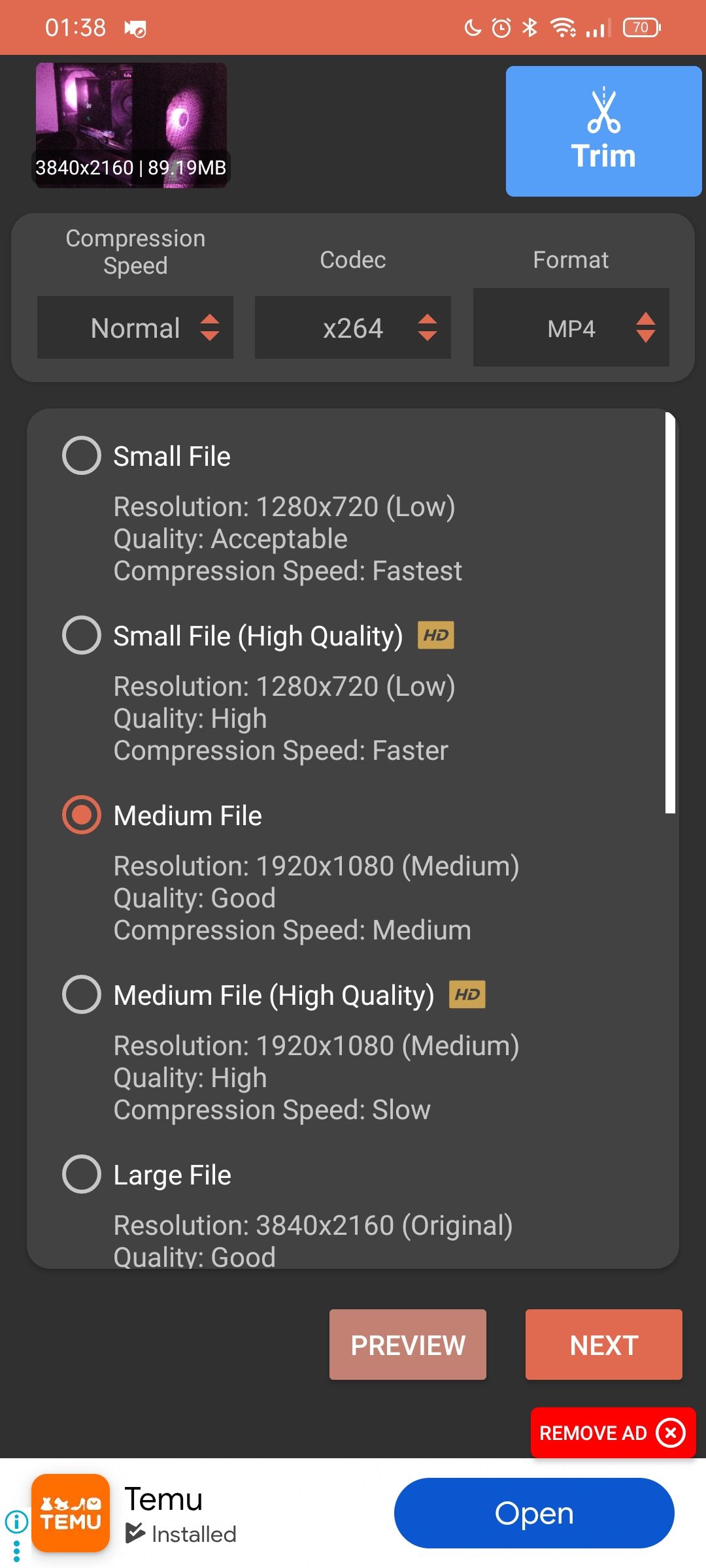 A screenshot of the reverse video compression tool.