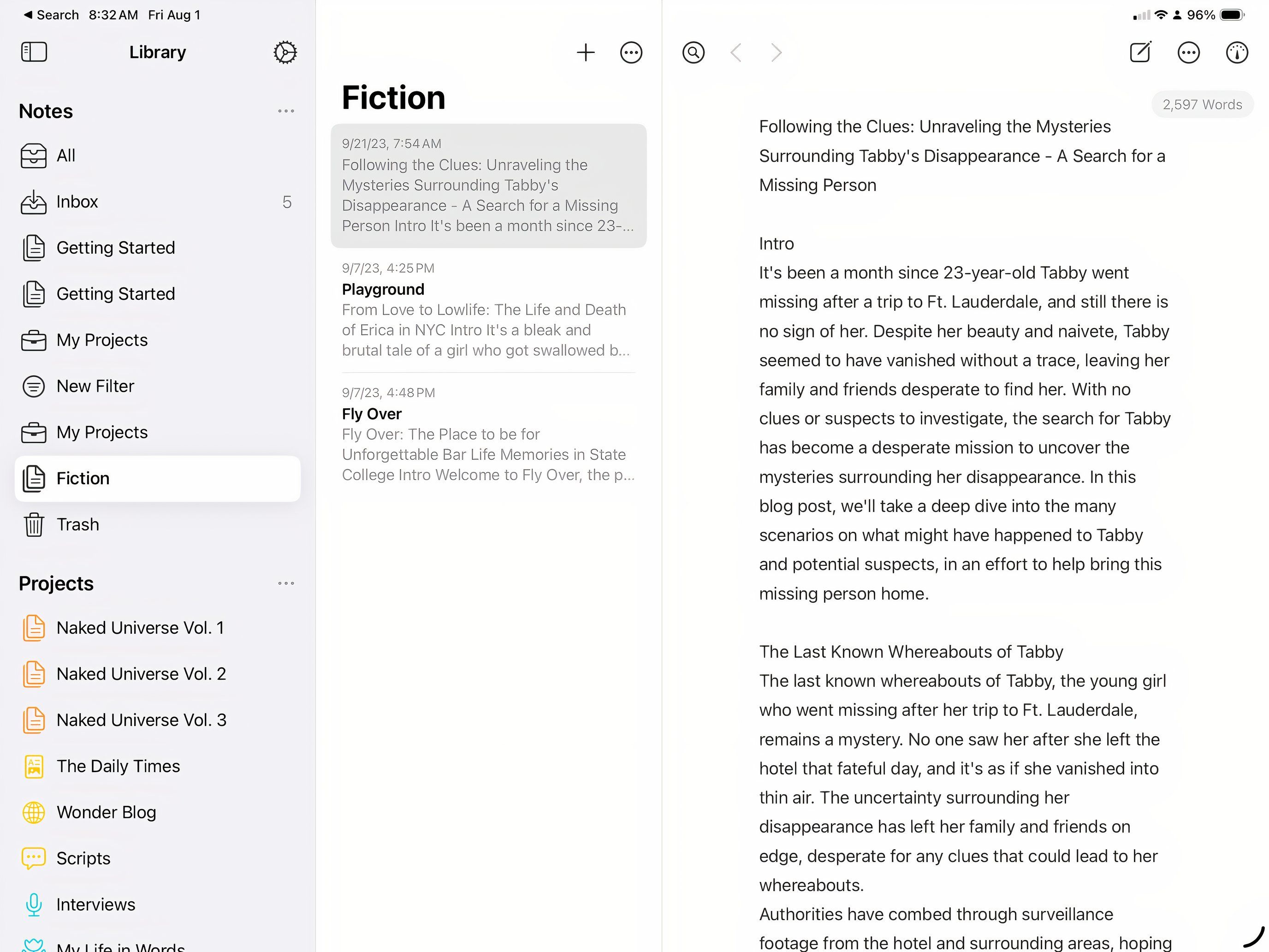 Приложение Scrivener на iPad с образцом текста.