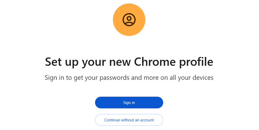 The screen to choose whether to sign in to a Google account or continue without one when adding a profile in Chrome.