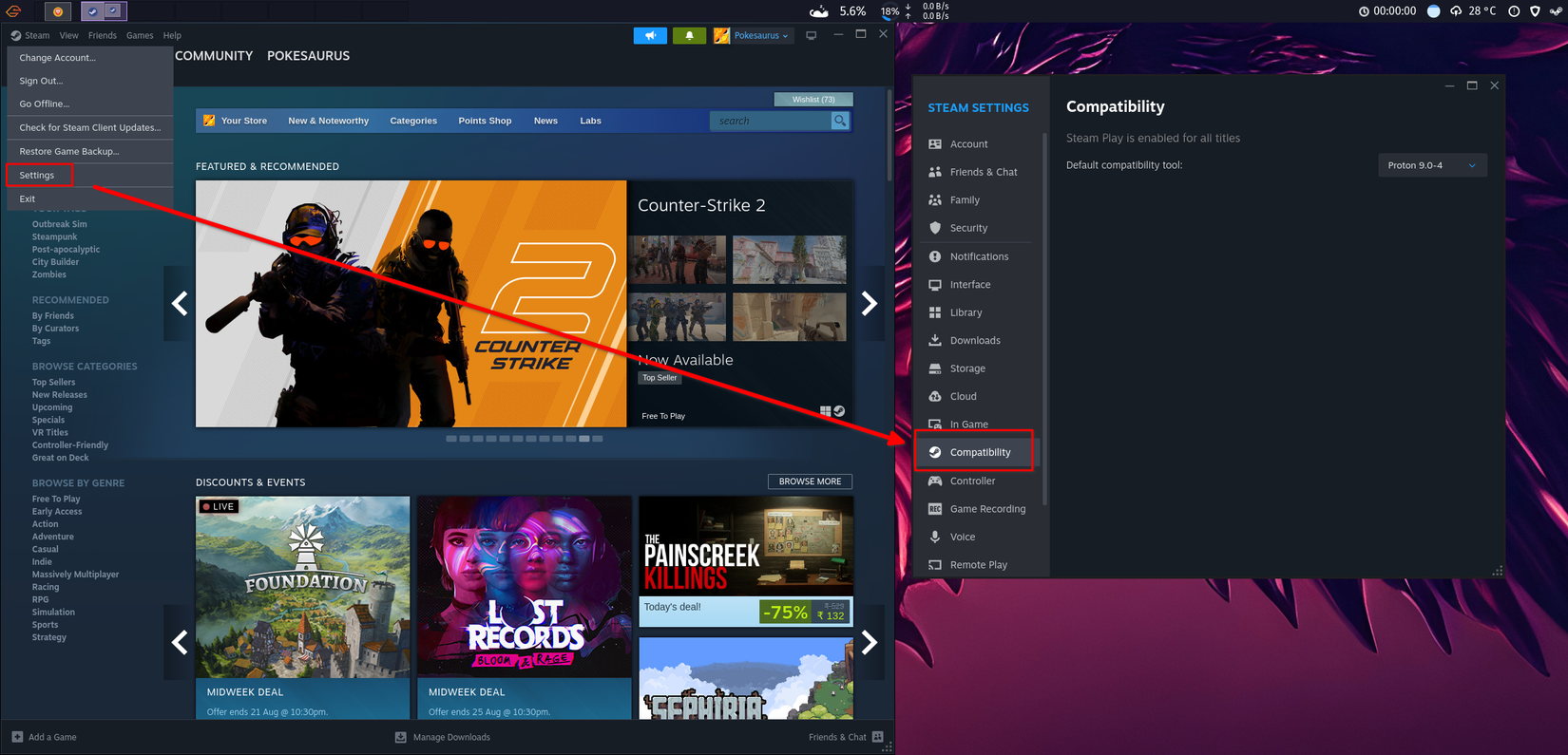 Setting up Proton Compatibility in Steam.